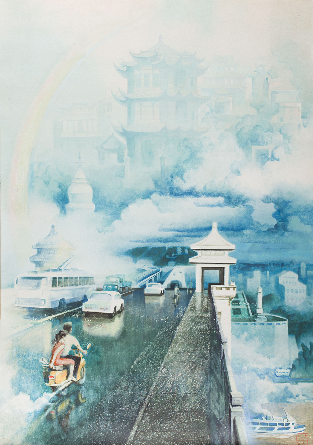 严云开 《想象的大桥与黄鹤楼》水彩103cm×72